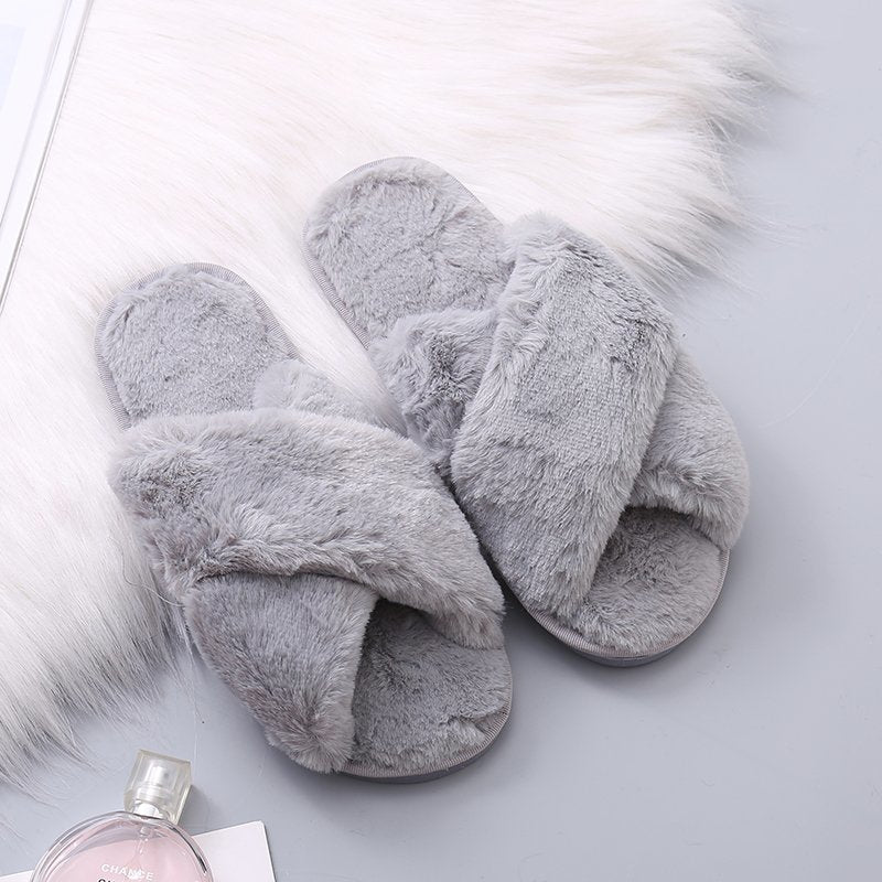 Wholesale Plush Indoor Non-slip Cotton Cross Open Toe Slippers